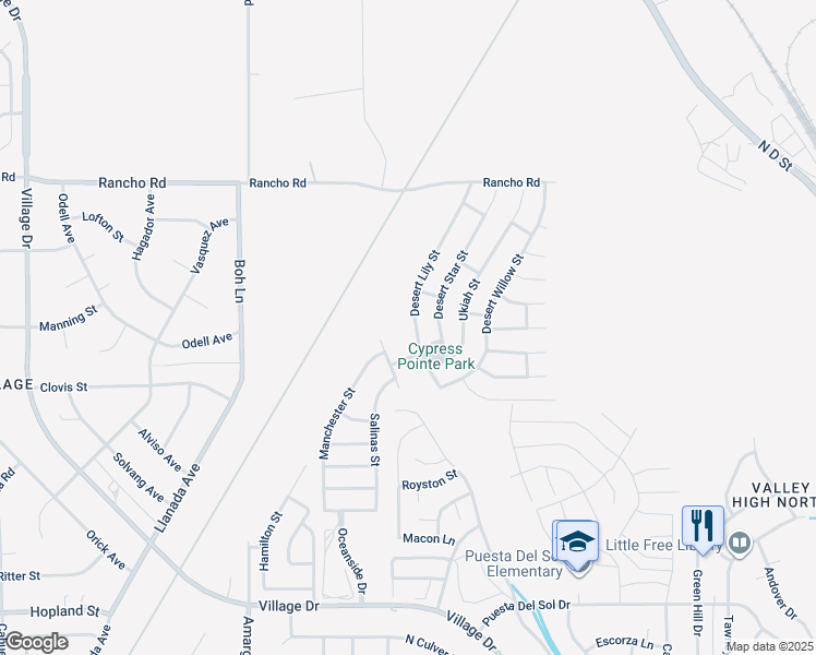map of restaurants, bars, coffee shops, grocery stores, and more near 16628 Desert Lily Street in Victorville