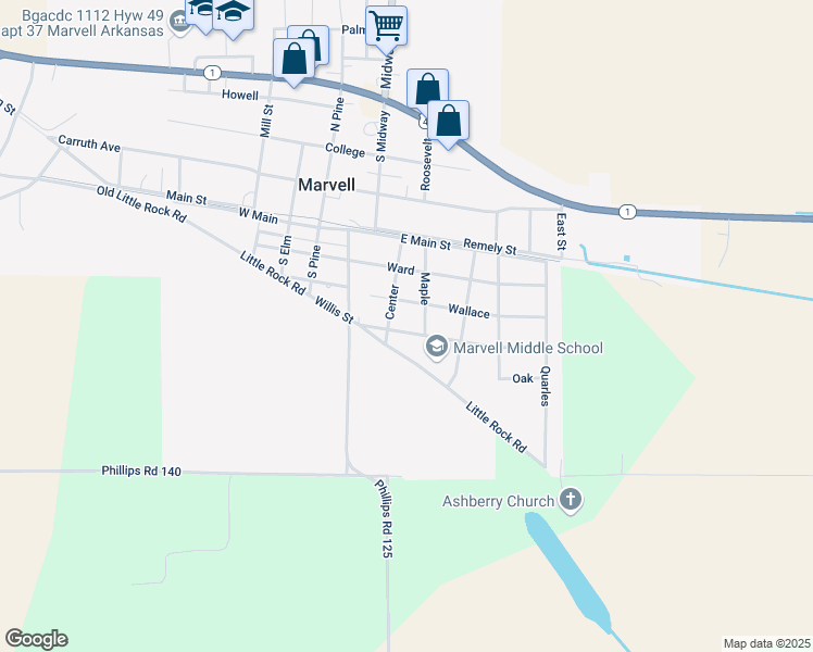 map of restaurants, bars, coffee shops, grocery stores, and more near 402 Willis Street in Marvell