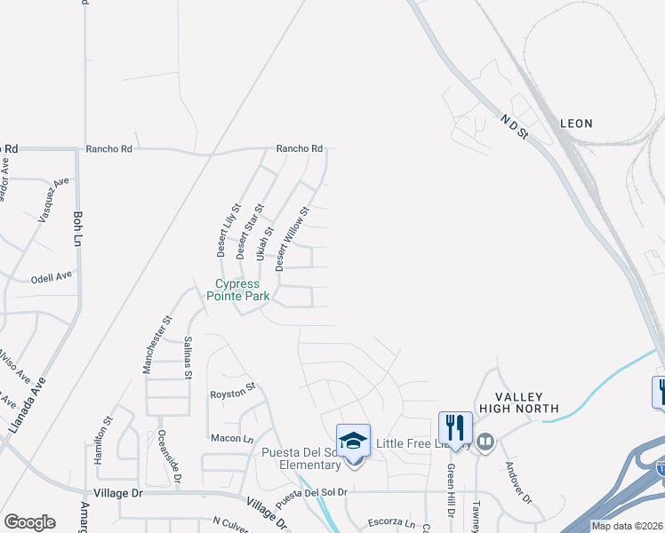 map of restaurants, bars, coffee shops, grocery stores, and more near 15897 Brittle Brush Lane in Victorville