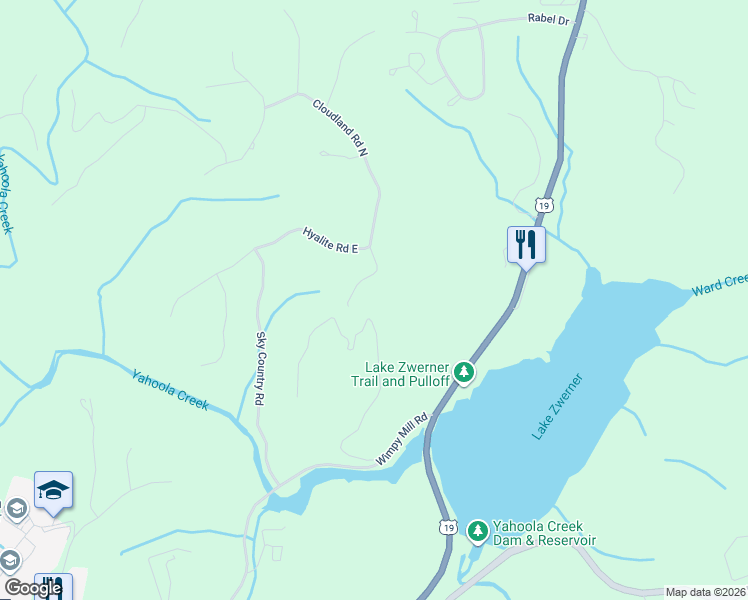map of restaurants, bars, coffee shops, grocery stores, and more near 95 Cloudland Road South in Dahlonega