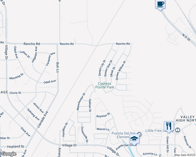 map of restaurants, bars, coffee shops, grocery stores, and more near 16628 Desert Lily Street in Victorville