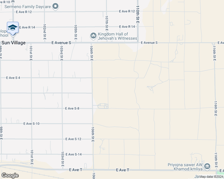 map of restaurants, bars, coffee shops, grocery stores, and more near 107th Street East in Los Angeles County