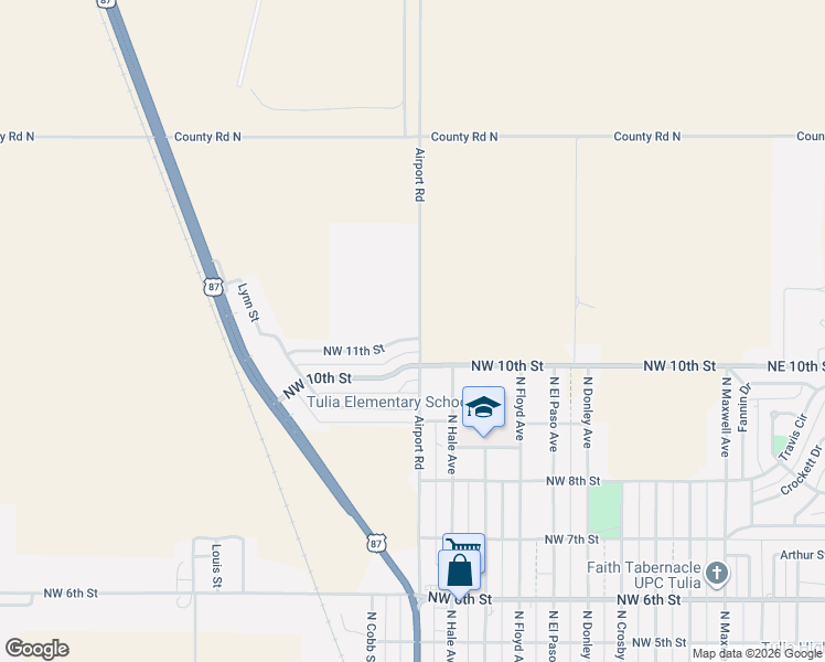 map of restaurants, bars, coffee shops, grocery stores, and more near 1000 Northwest 11th Street in Tulia