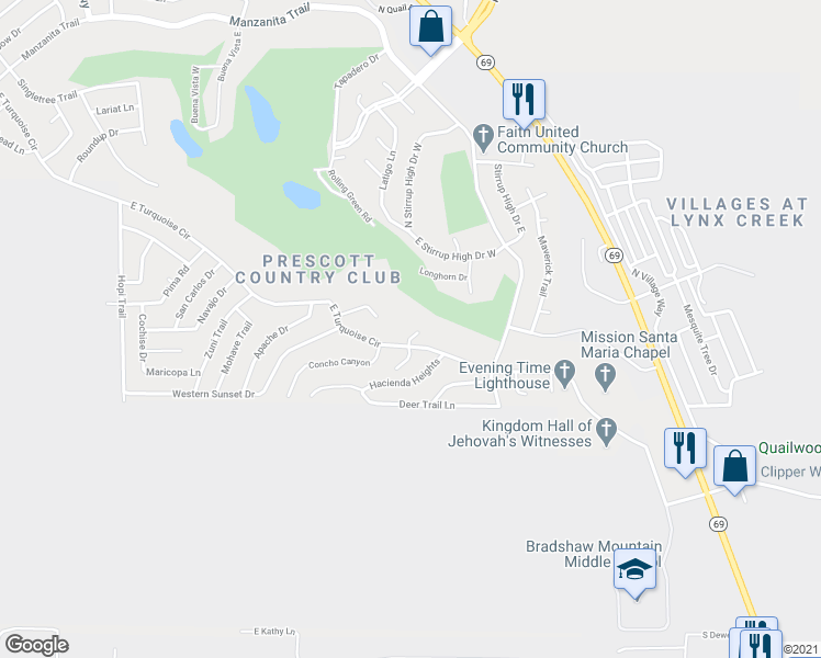 map of restaurants, bars, coffee shops, grocery stores, and more near 650 Corral Circle in Yavapai County
