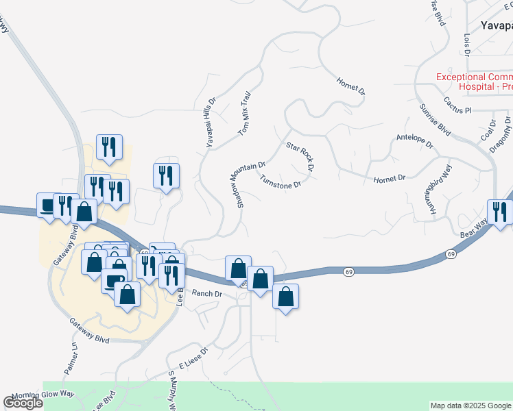 map of restaurants, bars, coffee shops, grocery stores, and more near 4715 Rock Wren Court in Prescott