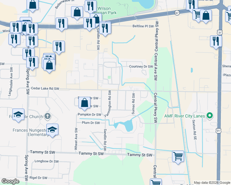 map of restaurants, bars, coffee shops, grocery stores, and more near 3001 Cornville Road Southwest in Decatur