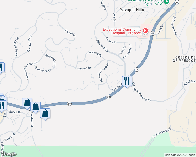 map of restaurants, bars, coffee shops, grocery stores, and more near 606 Hummingbird Way in Prescott
