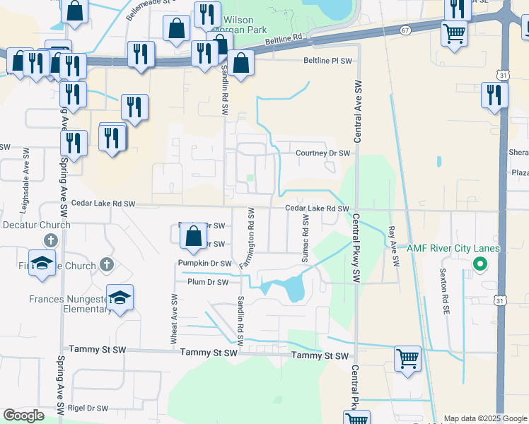 map of restaurants, bars, coffee shops, grocery stores, and more near 3001 Cornville Road Southwest in Decatur