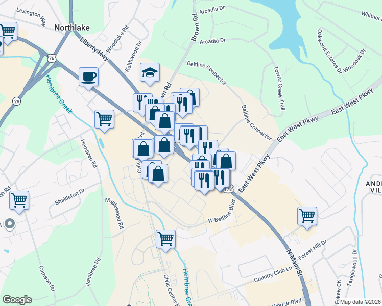 map of restaurants, bars, coffee shops, grocery stores, and more near 3556 Clemson Boulevard in Anderson