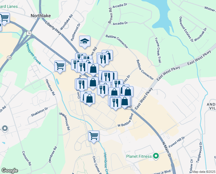 map of restaurants, bars, coffee shops, grocery stores, and more near 3556 Clemson Boulevard in Anderson
