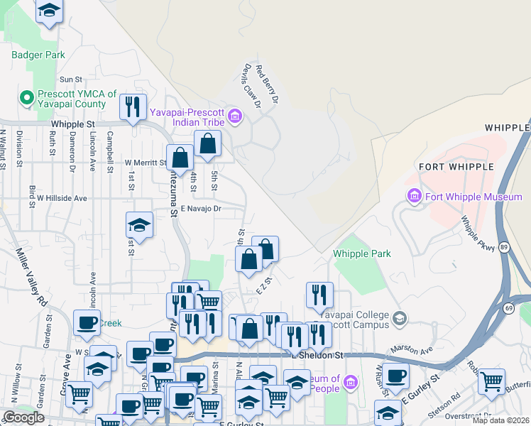 map of restaurants, bars, coffee shops, grocery stores, and more near 697 6th Street in Prescott