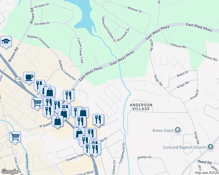 map of restaurants, bars, coffee shops, grocery stores, and more near 124 Elmhurst Lane in Anderson