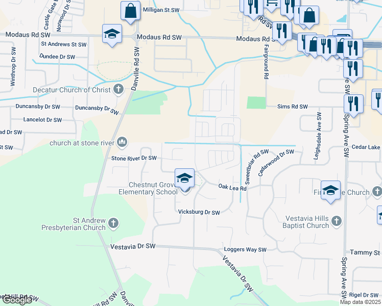 map of restaurants, bars, coffee shops, grocery stores, and more near 3001 Concord Lane Southwest in Decatur