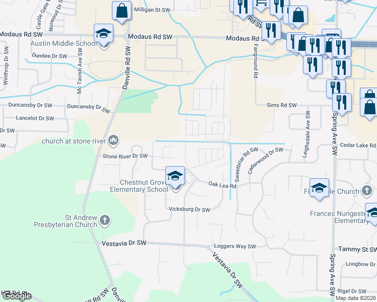 map of restaurants, bars, coffee shops, grocery stores, and more near 1509 Chestnut Grove Drive Southwest in Decatur