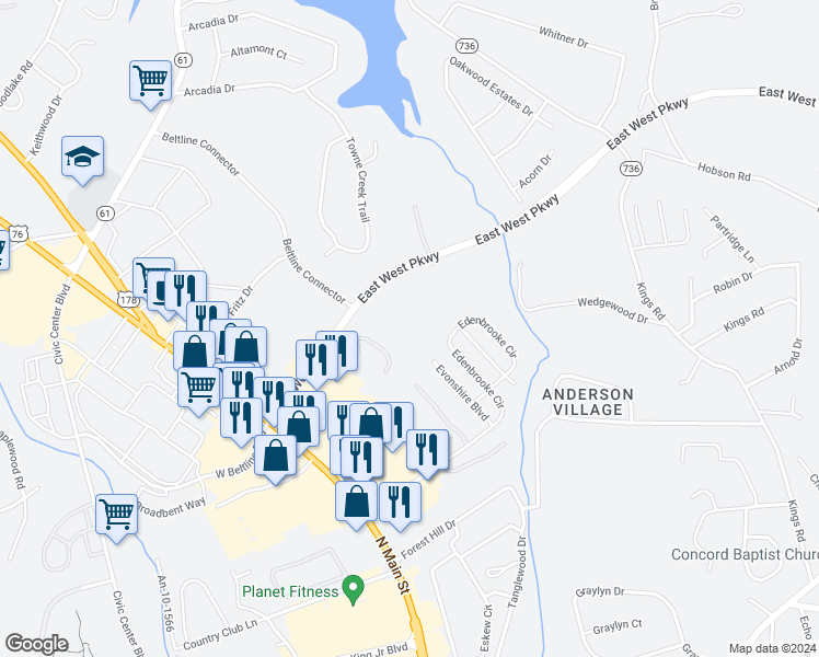map of restaurants, bars, coffee shops, grocery stores, and more near 1204 Springbrook Drive in Anderson