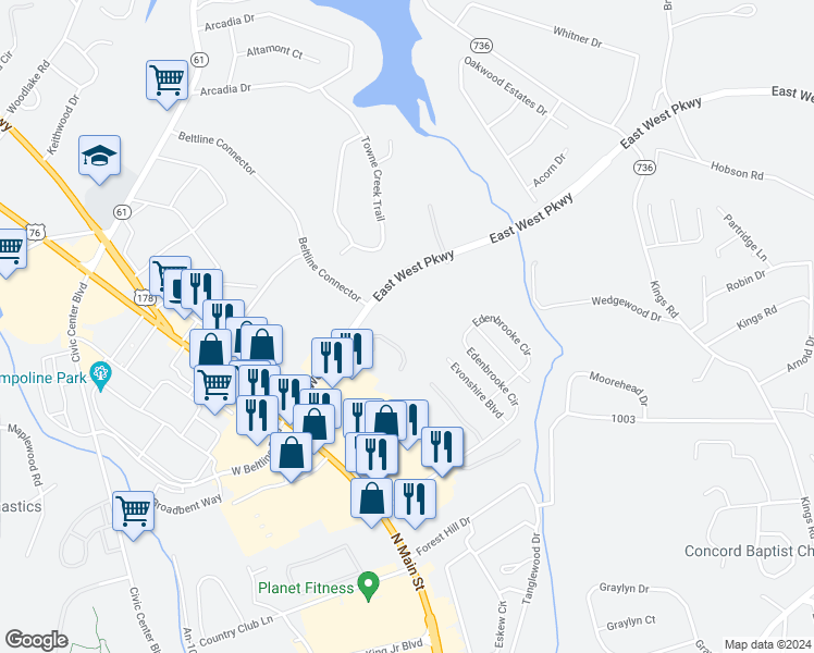 map of restaurants, bars, coffee shops, grocery stores, and more near 903 Springbrook Drive in Anderson