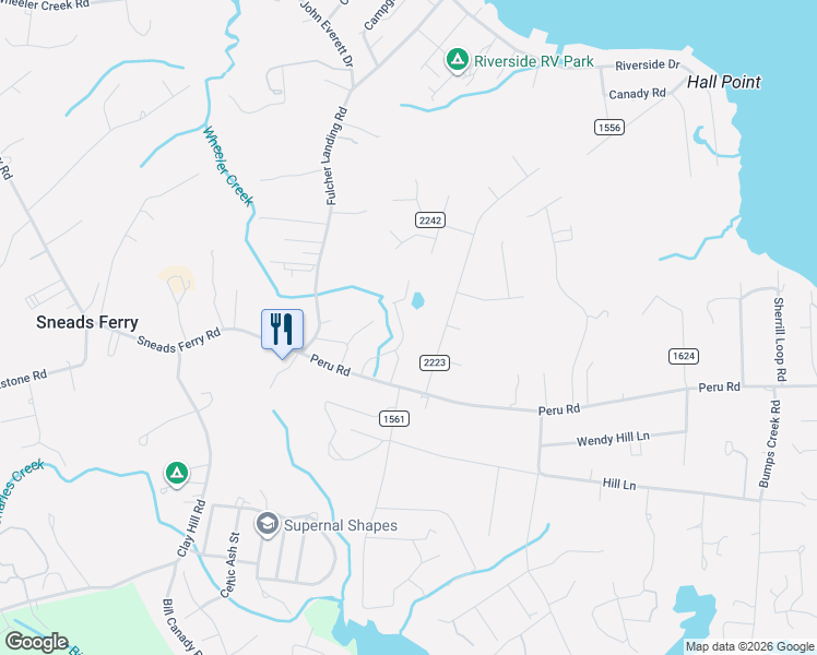 map of restaurants, bars, coffee shops, grocery stores, and more near 2176 Nc Highway 172 in Sneads Ferry