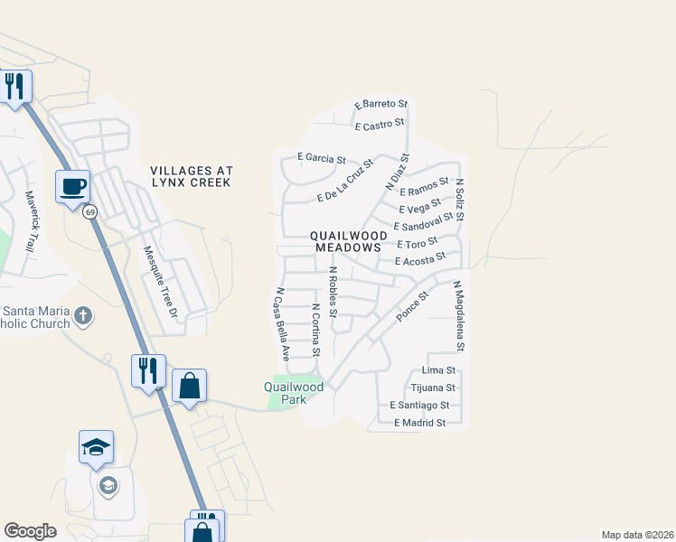 map of restaurants, bars, coffee shops, grocery stores, and more near 679 North Robles Street in Prescott Valley