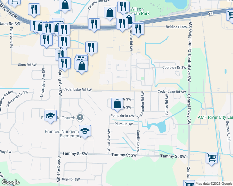 map of restaurants, bars, coffee shops, grocery stores, and more near 603 Cedar Lake Road Southwest in Decatur