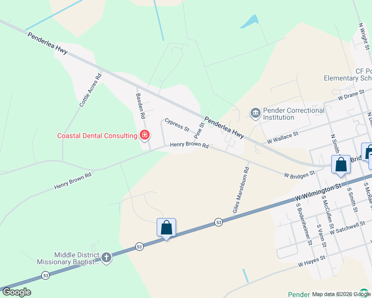 map of restaurants, bars, coffee shops, grocery stores, and more near 1103 Henry Brown Road in Burgaw