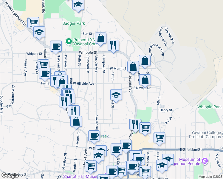 map of restaurants, bars, coffee shops, grocery stores, and more near 628 1st Street in Prescott