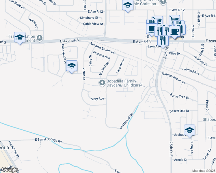 map of restaurants, bars, coffee shops, grocery stores, and more near 36934 Firethorn Street in Palmdale
