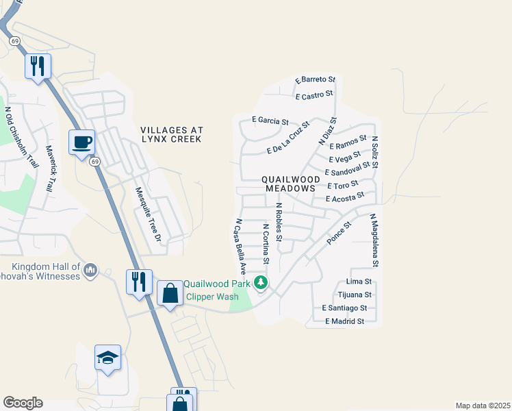 map of restaurants, bars, coffee shops, grocery stores, and more near 12688 E Amor St in Prescott Valley