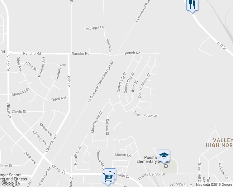 map of restaurants, bars, coffee shops, grocery stores, and more near 16636 Desert Lily St in Victorville