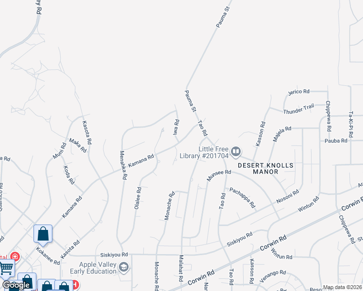 map of restaurants, bars, coffee shops, grocery stores, and more near 18699 Kamana Road in Apple Valley