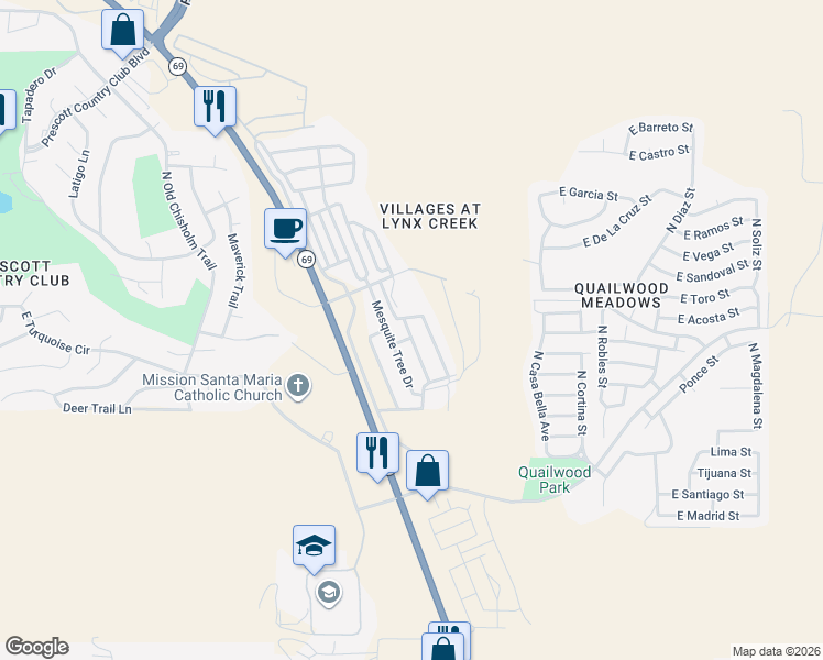 map of restaurants, bars, coffee shops, grocery stores, and more near 677 Wild Walnut Drive in Prescott Valley