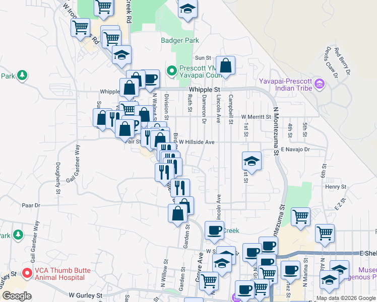 map of restaurants, bars, coffee shops, grocery stores, and more near 626 Ruth St in Prescott