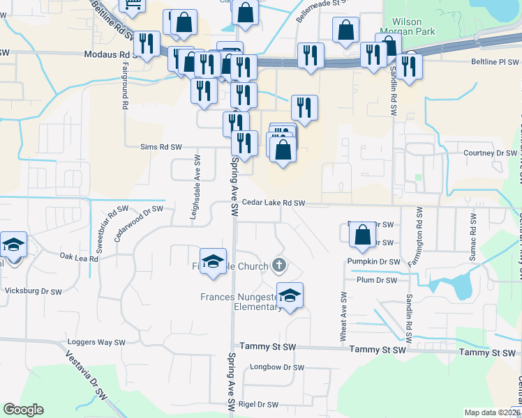 map of restaurants, bars, coffee shops, grocery stores, and more near 807 Cedar Lake Road Southwest in Decatur