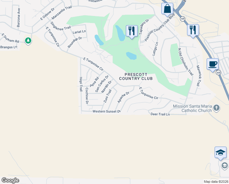 map of restaurants, bars, coffee shops, grocery stores, and more near 687 Mohave Trail in Yavapai County