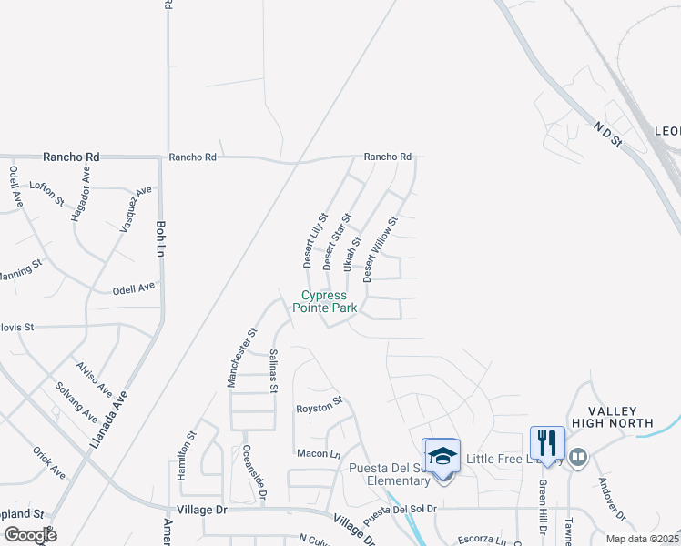 map of restaurants, bars, coffee shops, grocery stores, and more near 16627 Desert Star Street in Victorville