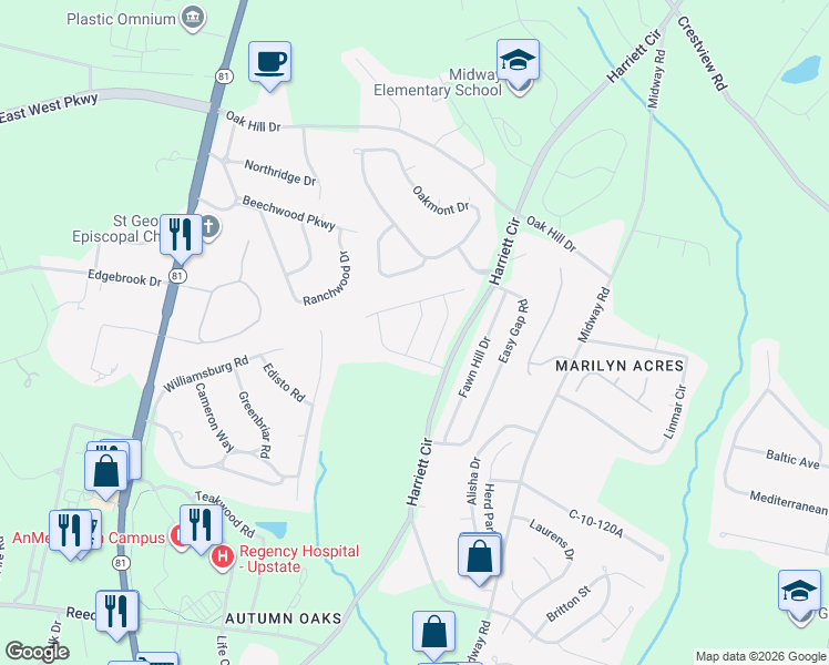 map of restaurants, bars, coffee shops, grocery stores, and more near Rockpine Drive in Anderson County