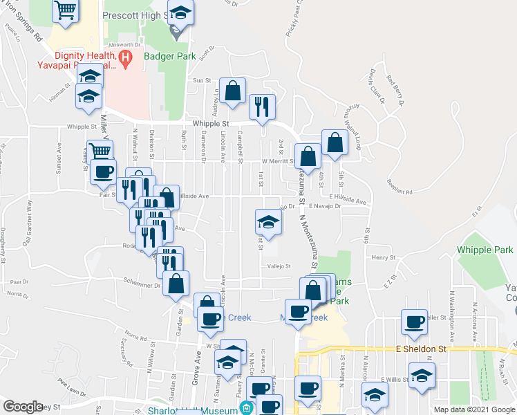 map of restaurants, bars, coffee shops, grocery stores, and more near 628 1st Street in Prescott