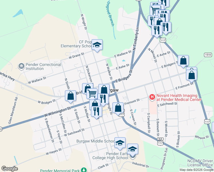 map of restaurants, bars, coffee shops, grocery stores, and more near 105 East Bridgers Street in Burgaw