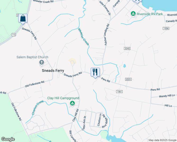 map of restaurants, bars, coffee shops, grocery stores, and more near 299 Sneads Ferry Road in Sneads Ferry