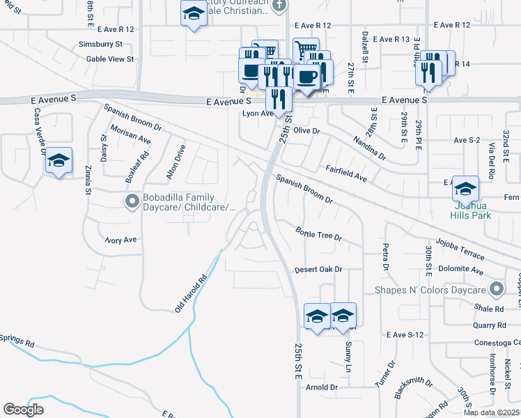 map of restaurants, bars, coffee shops, grocery stores, and more near 2311 Old Harold Road in Palmdale
