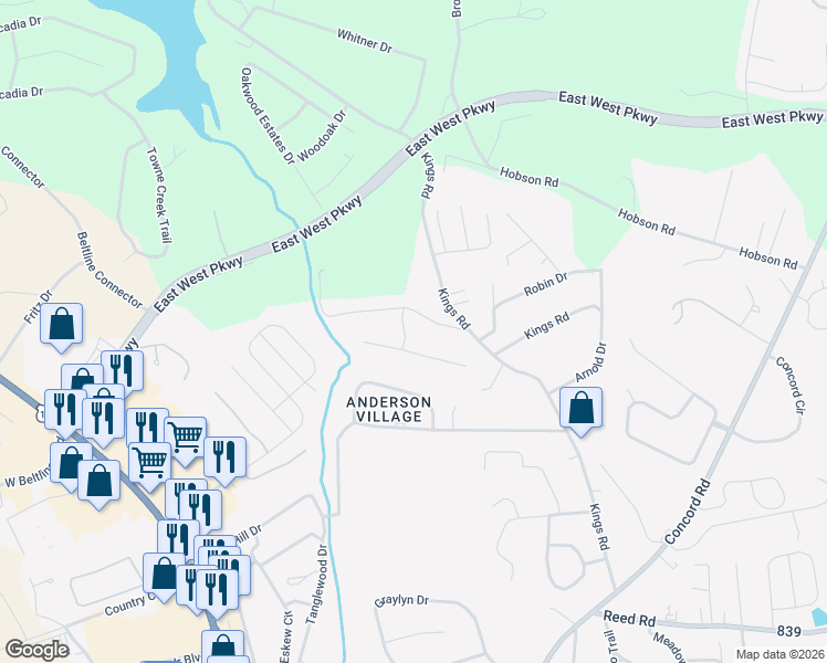 map of restaurants, bars, coffee shops, grocery stores, and more near 107 Wedgewood Drive in Anderson