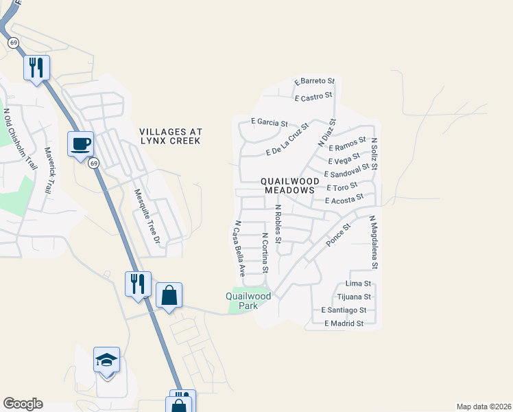 map of restaurants, bars, coffee shops, grocery stores, and more near 12688 East Amor Street in Prescott Valley