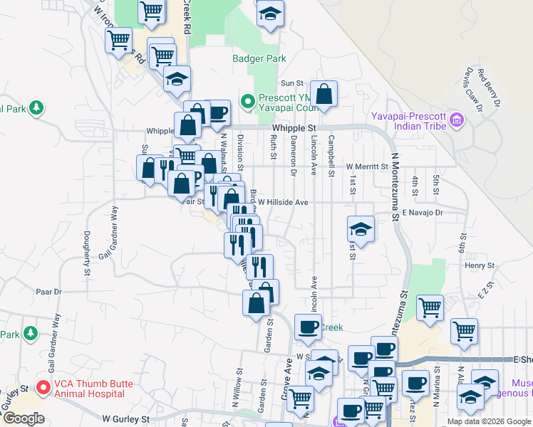 map of restaurants, bars, coffee shops, grocery stores, and more near 626 Ruth St in Prescott