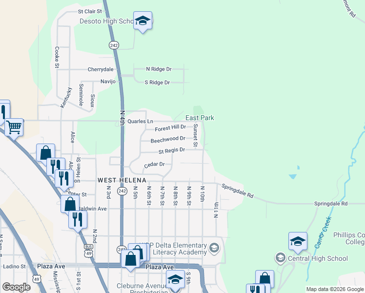 map of restaurants, bars, coffee shops, grocery stores, and more near 724 Saint Regis Drive in Helena-West Helena