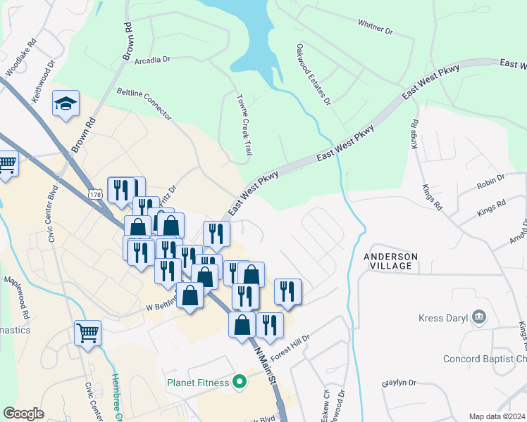 map of restaurants, bars, coffee shops, grocery stores, and more near 808 Springbrook Drive in Anderson