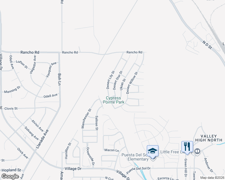 map of restaurants, bars, coffee shops, grocery stores, and more near 16644 Desert Star Street in Victorville