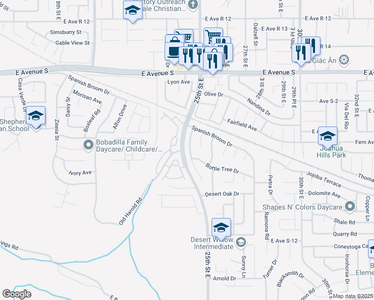 map of restaurants, bars, coffee shops, grocery stores, and more near 36921 Desert Willow Drive in Palmdale