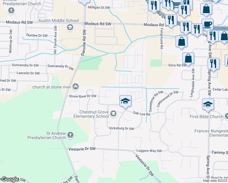map of restaurants, bars, coffee shops, grocery stores, and more near 3001 Concord Lane Southwest in Decatur