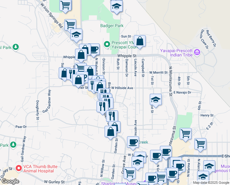 map of restaurants, bars, coffee shops, grocery stores, and more near 626 Ruth Street in Prescott