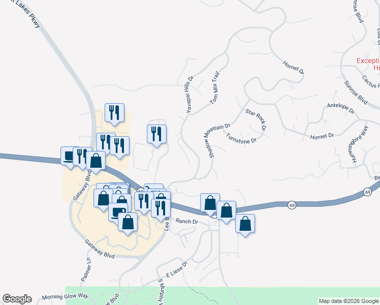 map of restaurants, bars, coffee shops, grocery stores, and more near 495 Miracle Rider Road in Prescott