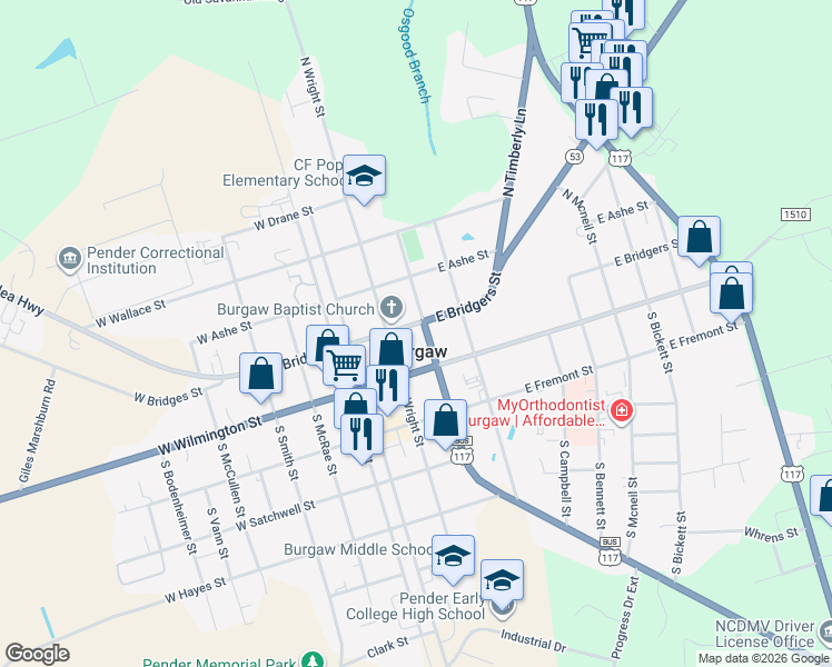 map of restaurants, bars, coffee shops, grocery stores, and more near 107 East Bridgers Street in Burgaw